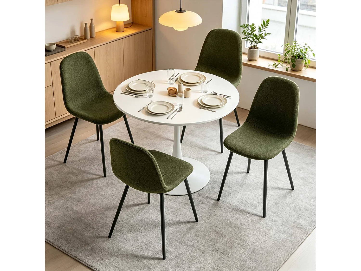 CLIFTOCHARLTON - Table à manger ronde de 80 cm laquée blanc avec pieds en métal blanc et 4 chaises en tissu vert foncé