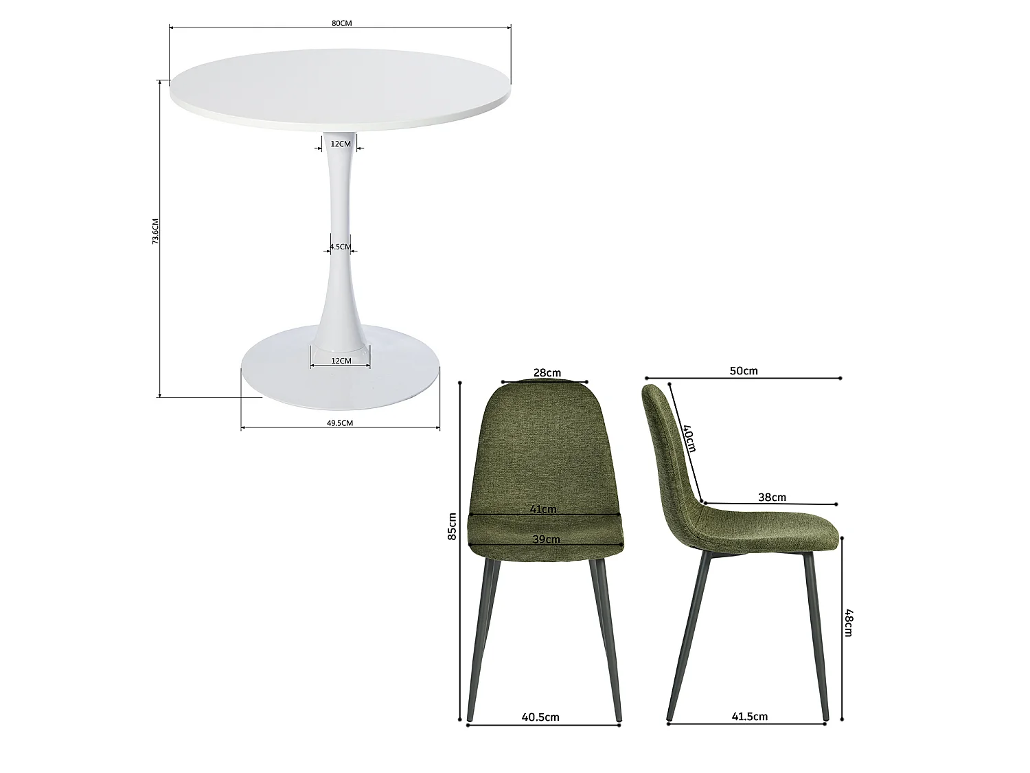 CLIFTOCHARLTON - Table à manger ronde de 80 cm laquée blanc avec pieds en métal blanc et 4 chaises en tissu vert foncé