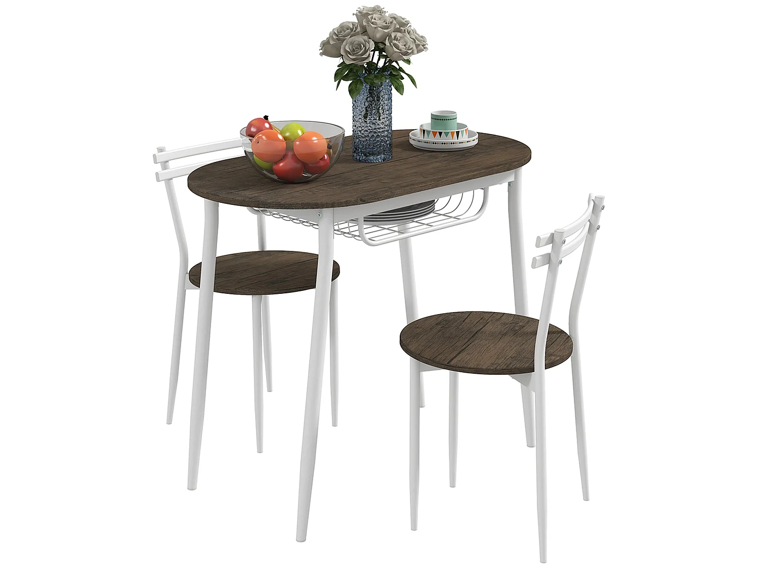 Naseva 3 Piece Oval Dining Set Natural MDF Top Steel Frame 2 Chairs Wire Shelf