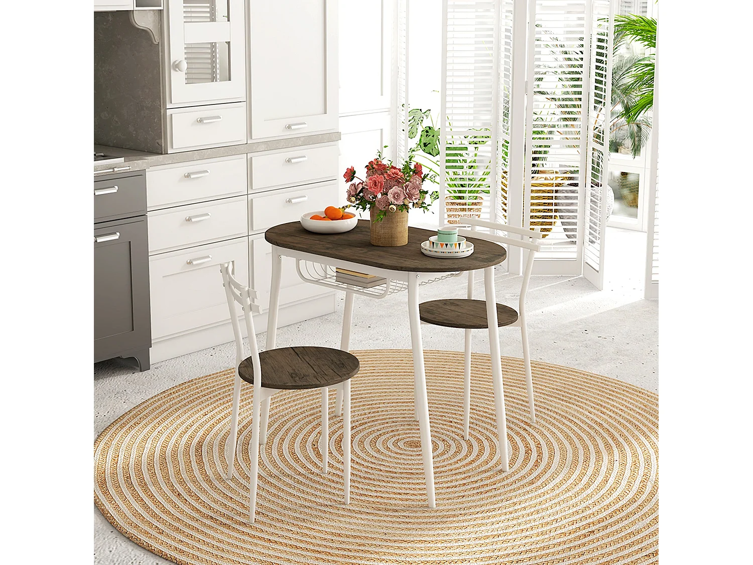 Naseva 3 Piece Oval Dining Set Natural MDF Top Steel Frame 2 Chairs Wire Shelf