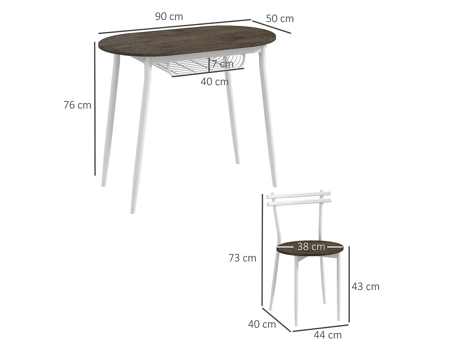 Naseva 3 Piece Oval Dining Set Natural MDF Top Steel Frame 2 Chairs Wire Shelf