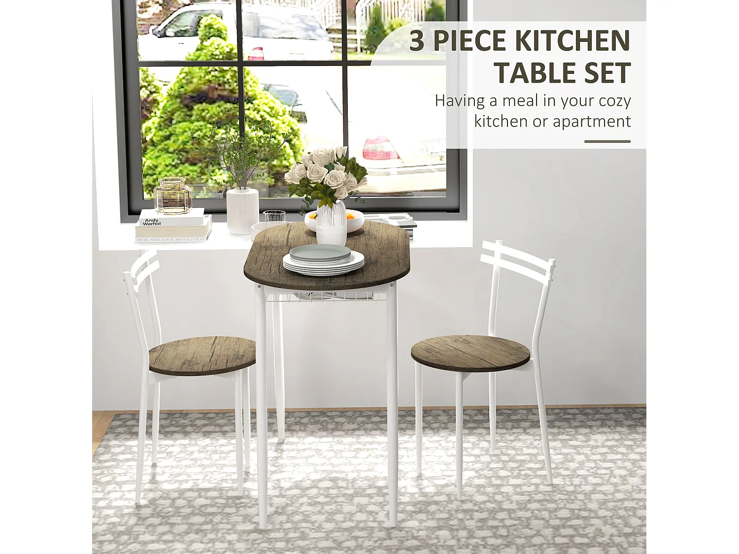 Naseva 3 Piece Oval Dining Set Natural MDF Top Steel Frame 2 Chairs Wire Shelf