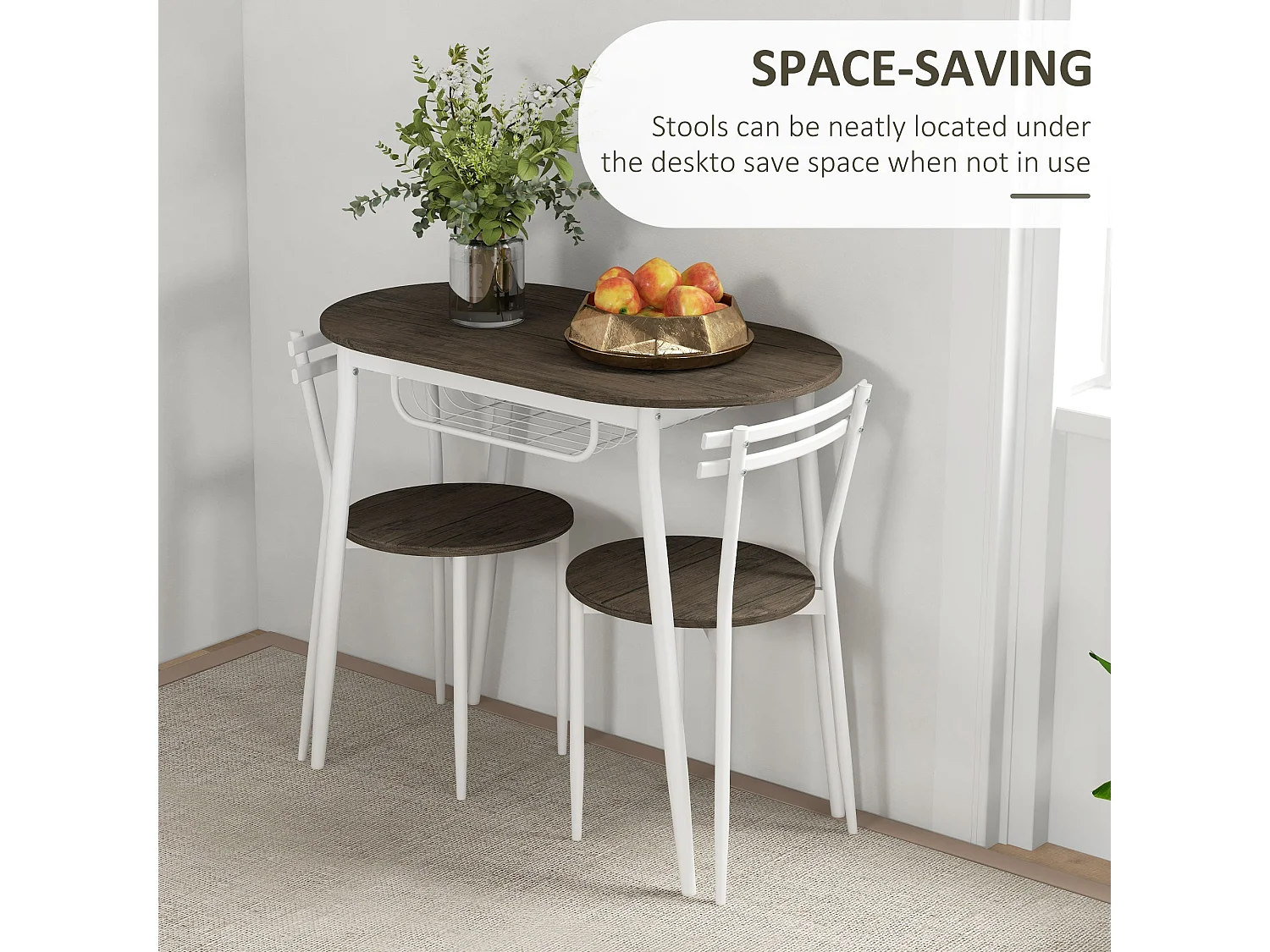 Naseva 3 Piece Oval Dining Set Natural MDF Top Steel Frame 2 Chairs Wire Shelf