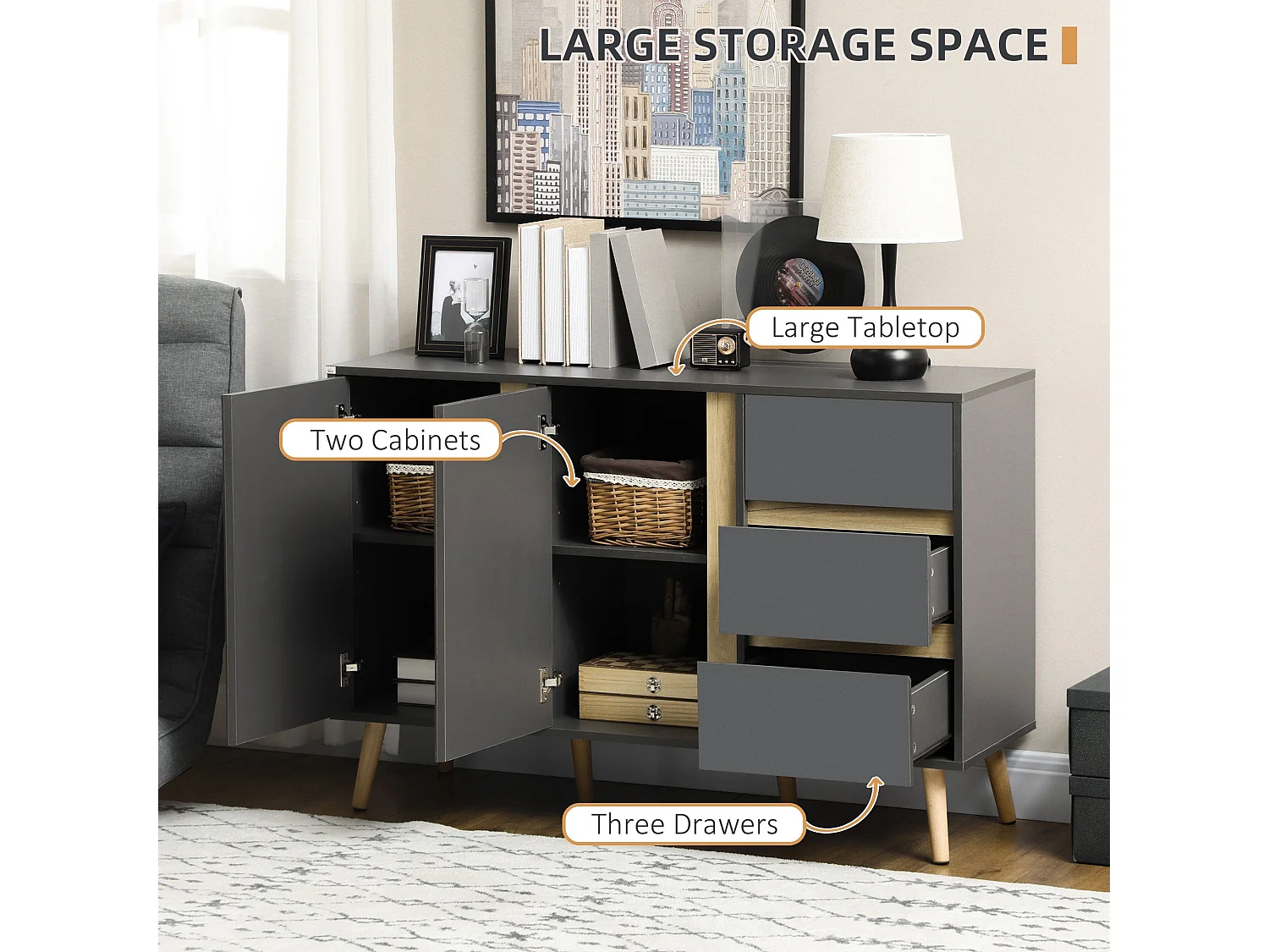 Sola Vela Sideboard Dark Grey 2 Doors 3 Drawers Adjustable Shelves