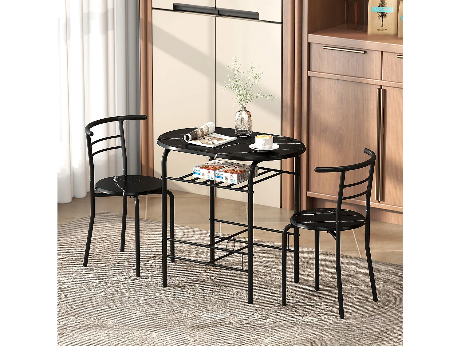 Tolo Black Compact 3 Piece Dining Set Marble Effect Table with 2 Chairs