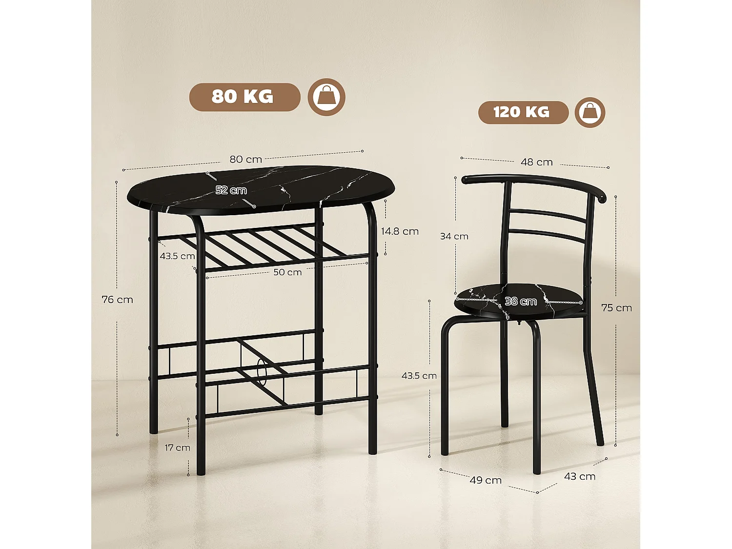 Tolo Black Compact 3 Piece Dining Set Marble Effect Table with 2 Chairs