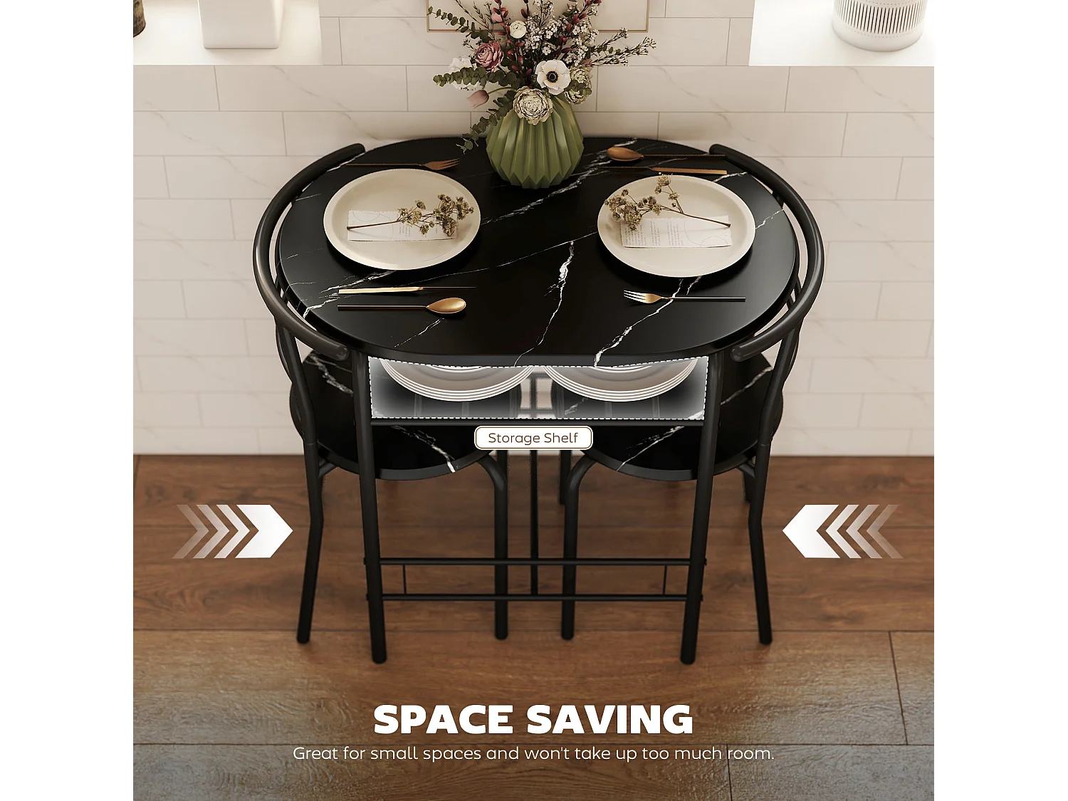 Tolo Black Compact 3 Piece Dining Set Marble Effect Table with 2 Chairs