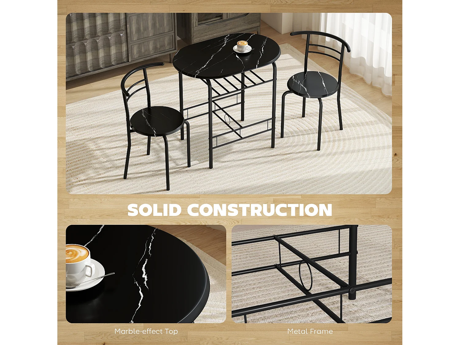 Tolo Black Compact 3 Piece Dining Set Marble Effect Table with 2 Chairs