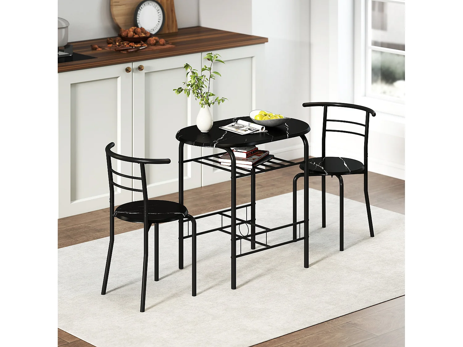 Tolo Black Compact 3 Piece Dining Set Marble Effect Table with 2 Chairs
