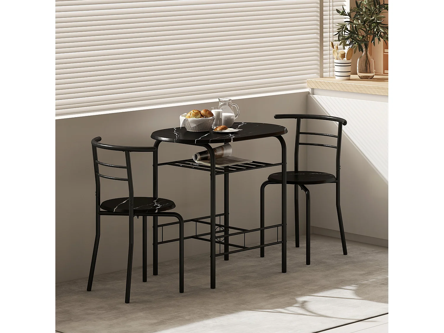 Tolo Black Compact 3 Piece Dining Set Marble Effect Table with 2 Chairs