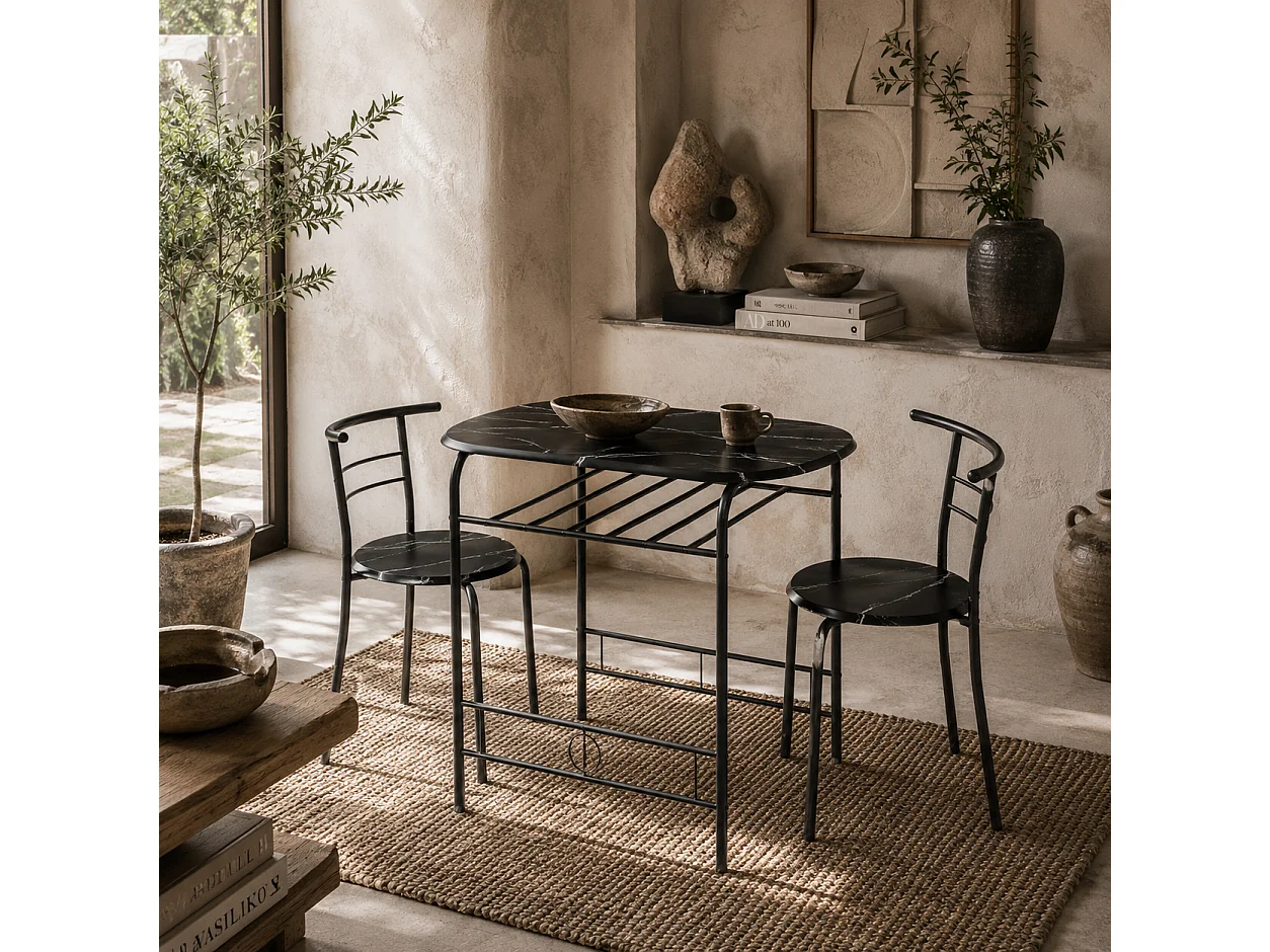 Tolo Black Compact 3 Piece Dining Set Marble Effect Table with 2 Chairs