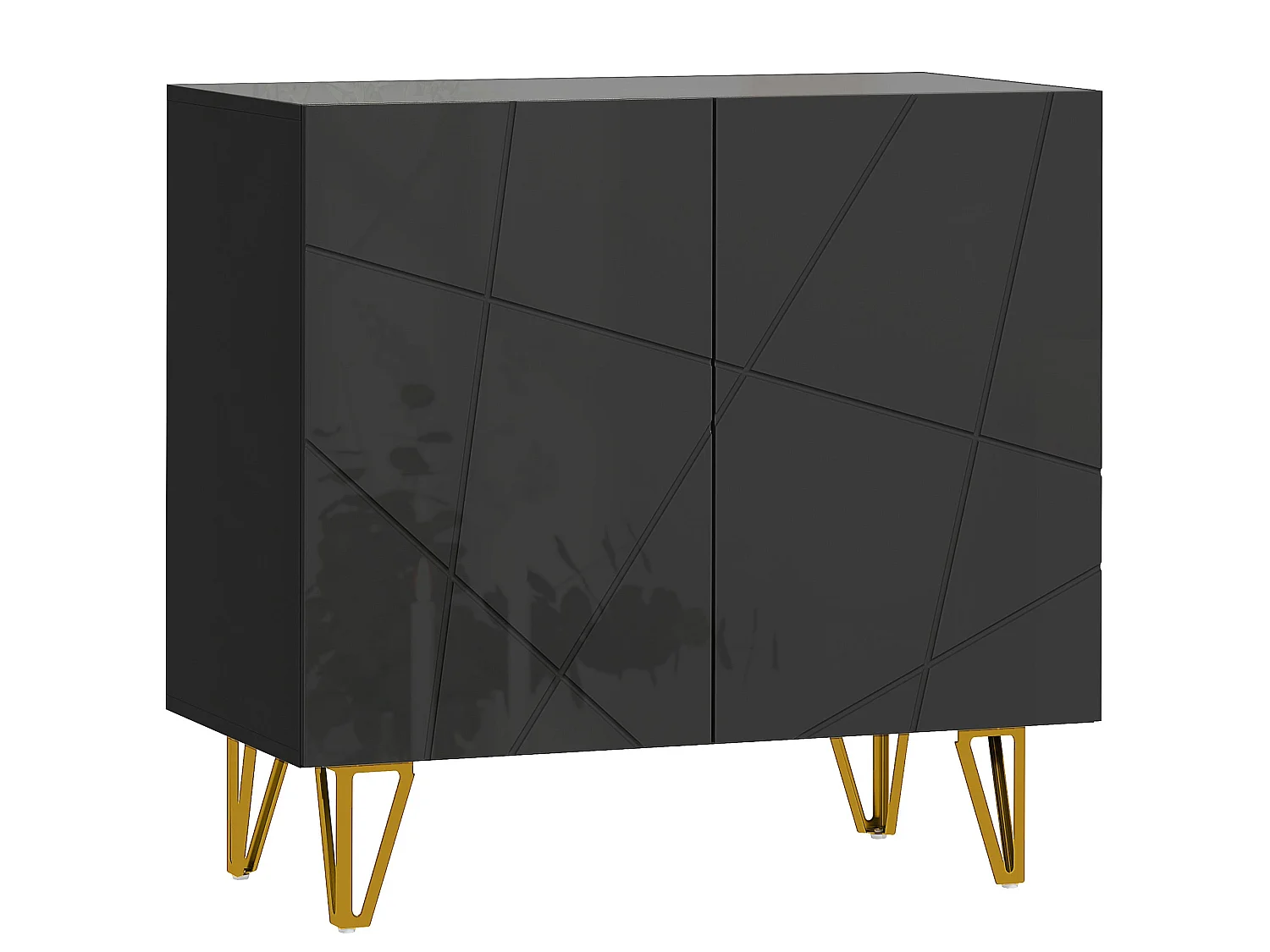 Diro High Gloss Black Sideboard with Geometric Pattern and Gold Hairpin Legs