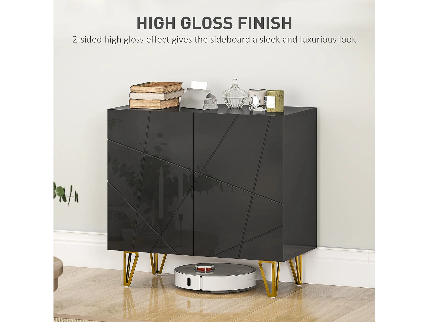 Diro High Gloss Black Sideboard with Geometric Pattern and Gold Hairpin Legs