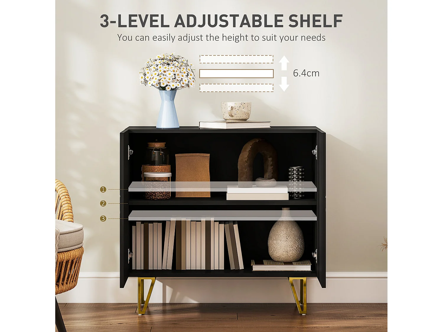 Diro High Gloss Black Sideboard with Geometric Pattern and Gold Hairpin Legs
