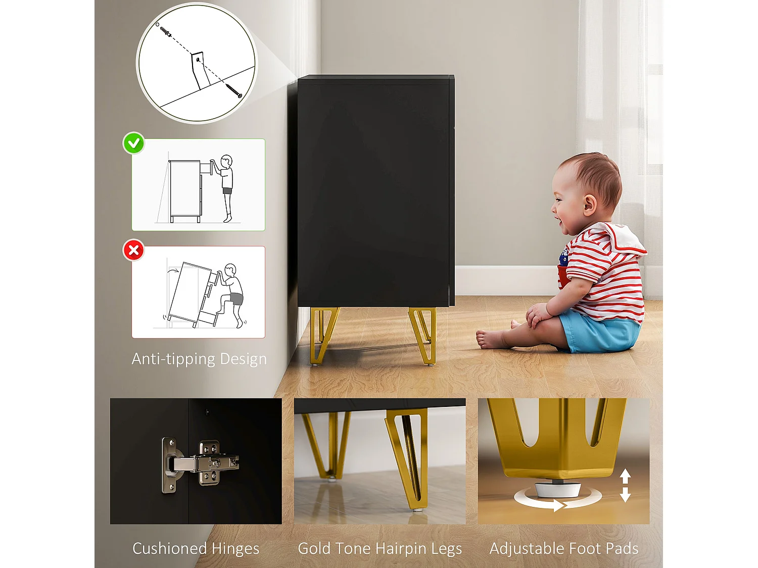 Diro High Gloss Black Sideboard with Geometric Pattern and Gold Hairpin Legs