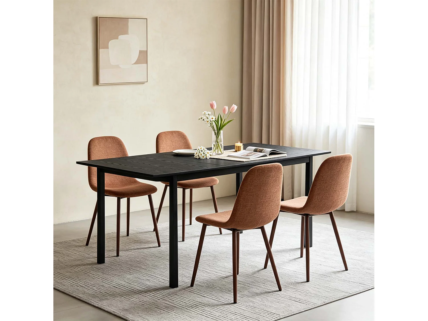BARICHARLTON - Table à manger extensible 120-160 cm à rallonge papillon avec plateau noir et 4 chaises en tissu brique