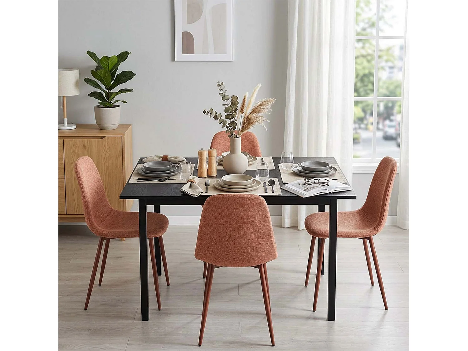 BARICHARLTON - Table à manger extensible 120-160 cm à rallonge papillon avec plateau noir et 4 chaises en tissu brique