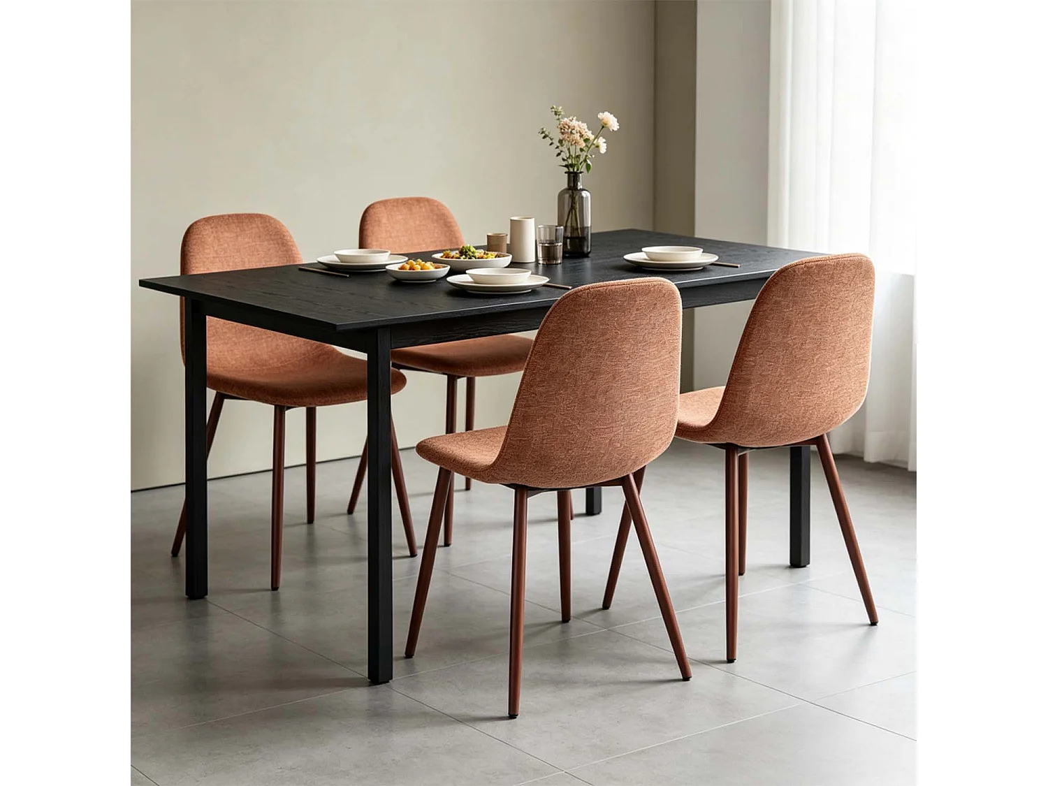 BARICHARLTON - Table à manger extensible 120-160 cm à rallonge papillon avec plateau noir et 4 chaises en tissu brique