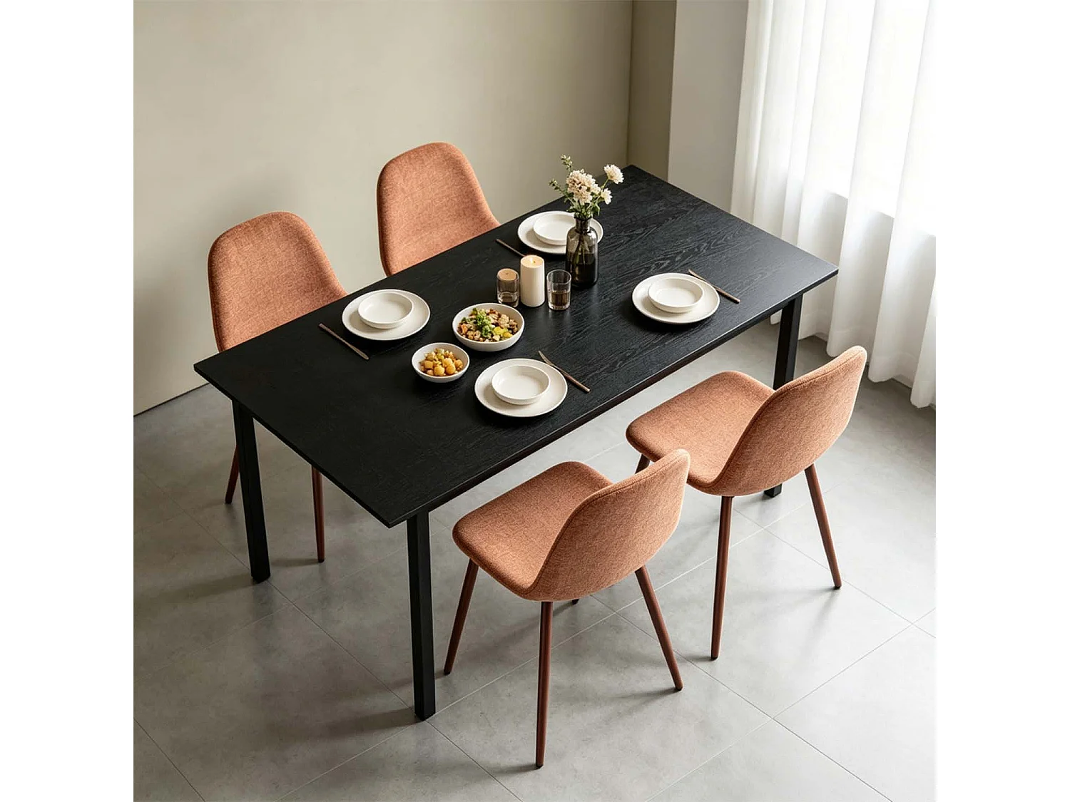 BARICHARLTON - Table à manger extensible 120-160 cm à rallonge papillon avec plateau noir et 4 chaises en tissu brique