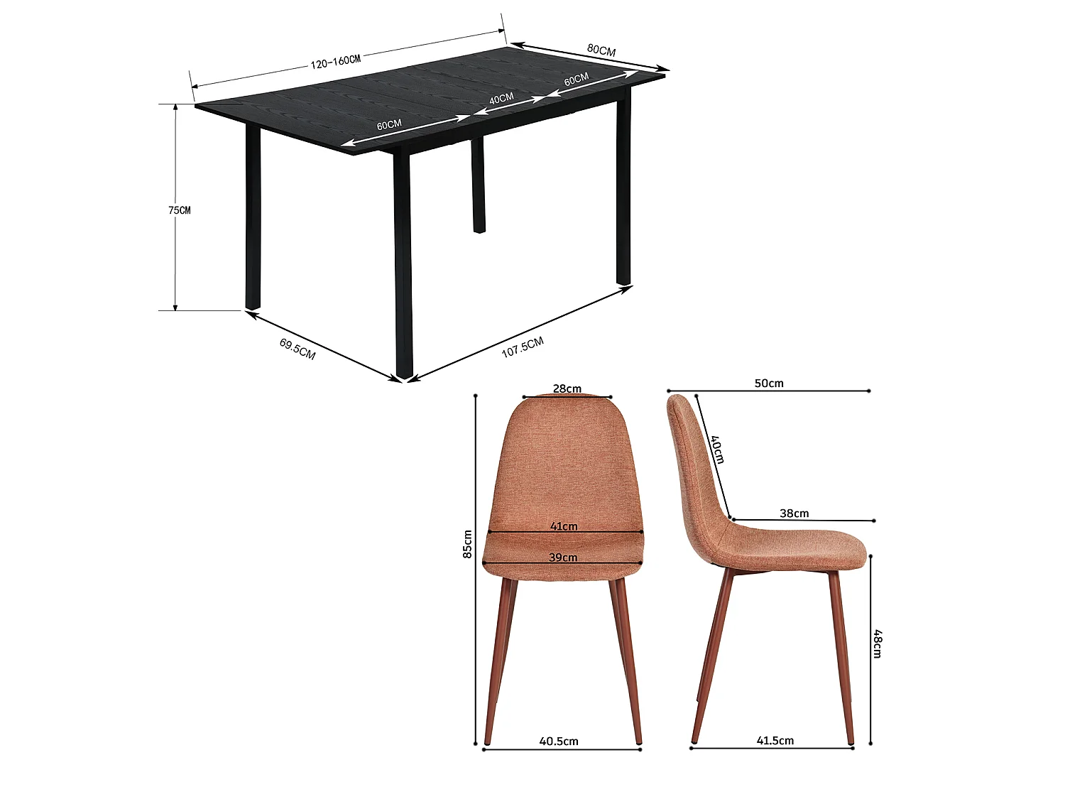 BARICHARLTON - Table à manger extensible 120-160 cm à rallonge papillon avec plateau noir et 4 chaises en tissu brique