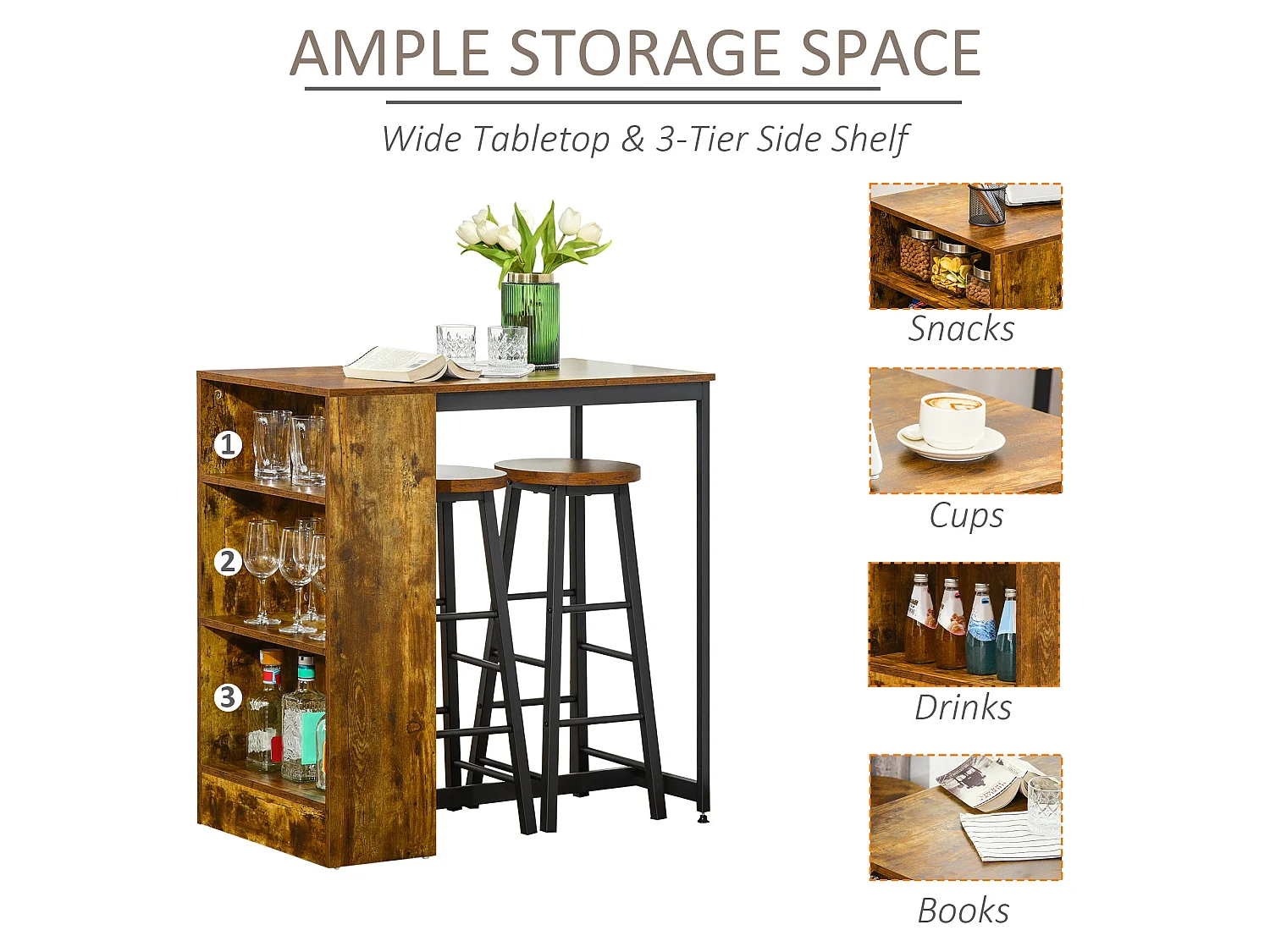 Vasori Industrial 3 Piece Bar Table Set with Storage Shelves
