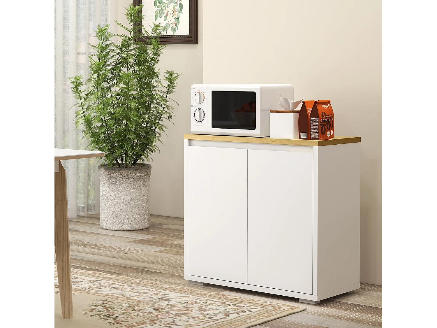 Nofi Fael White and Natural Sideboard 2 Doors Adjustable Shelf Wood Effect Top