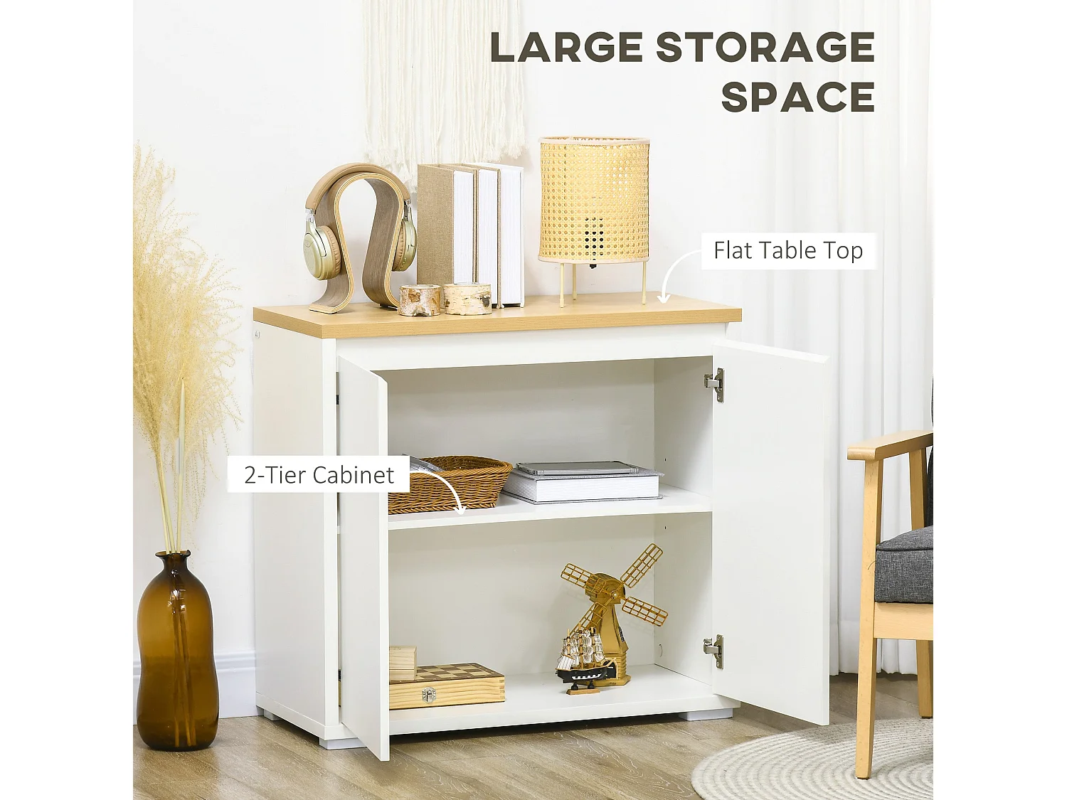 Nofi Fael White and Natural Sideboard 2 Doors Adjustable Shelf Wood Effect Top