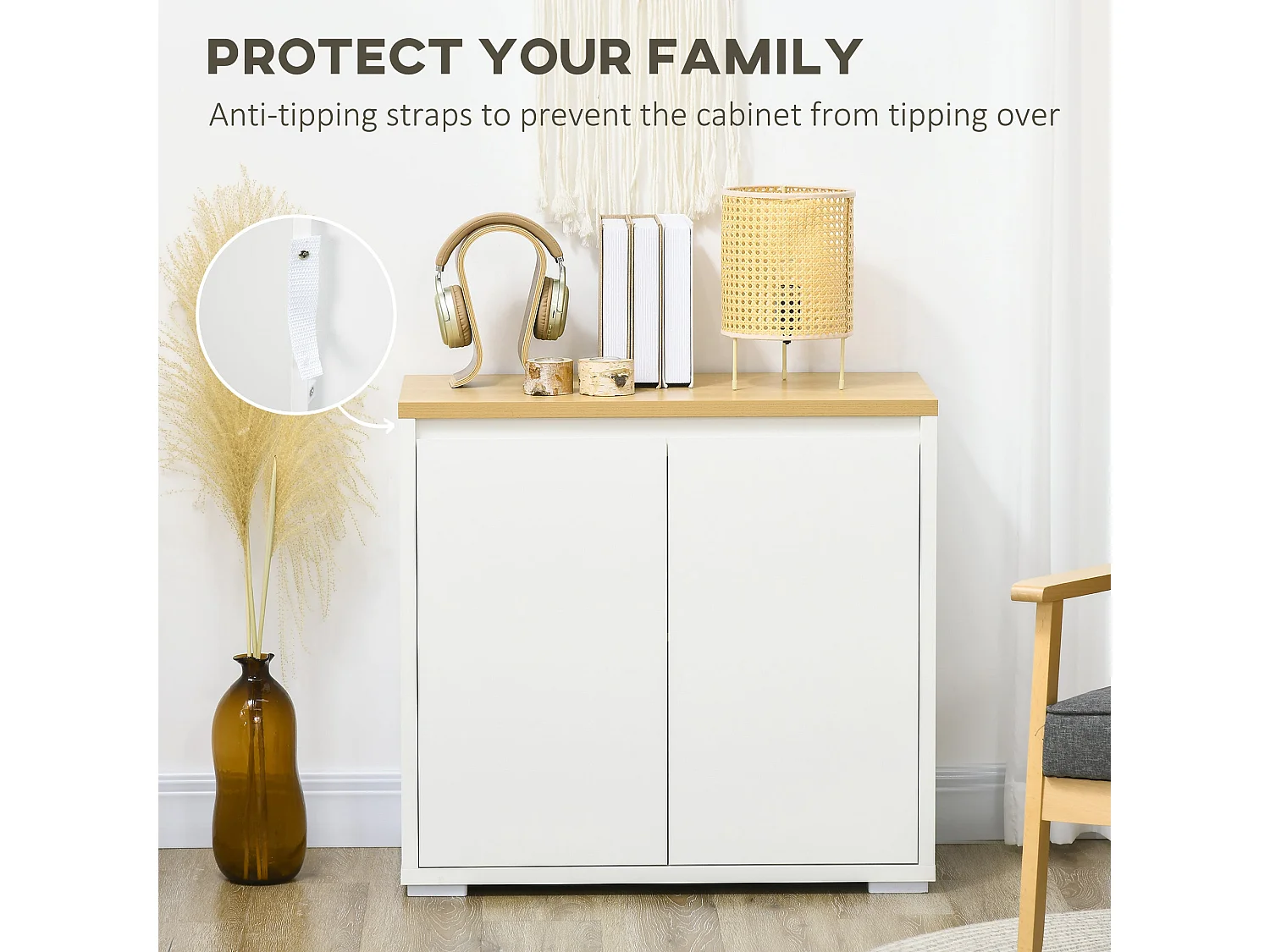 Nofi Fael White and Natural Sideboard 2 Doors Adjustable Shelf Wood Effect Top