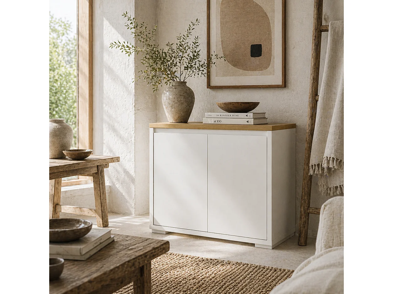 Nofi Fael White and Natural Sideboard 2 Doors Adjustable Shelf Wood Effect Top