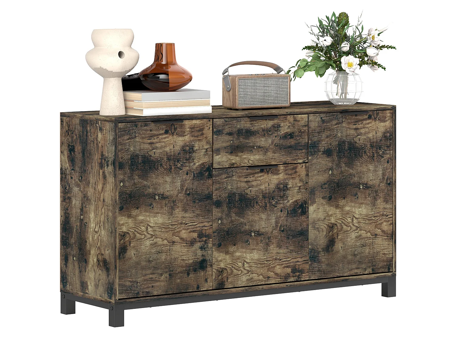 Nomano Rero Rustic Brown Industrial Sideboard 3 Doors 1 Drawer Adjustable Shelves