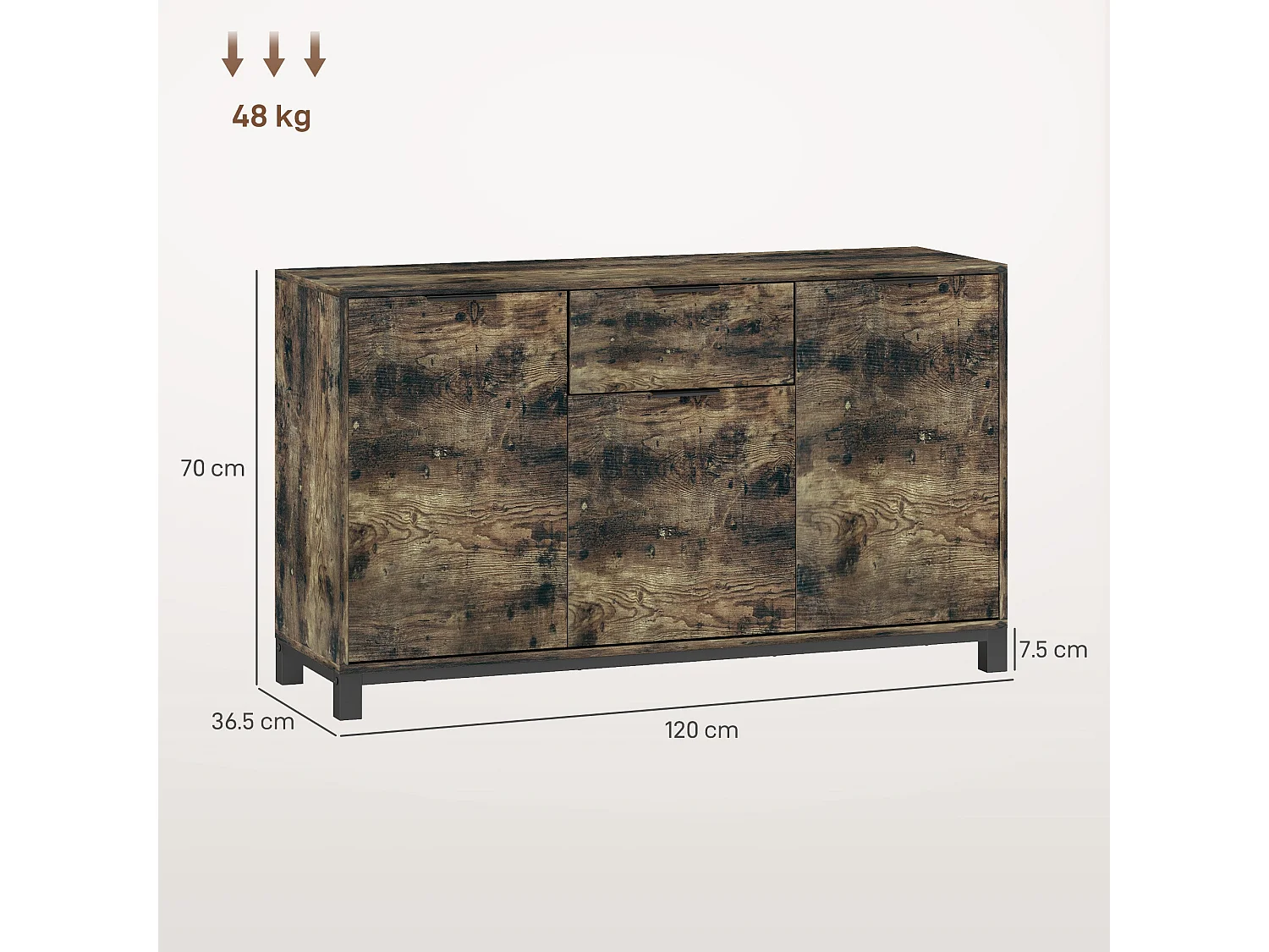 Nomano Rero Rustic Brown Industrial Sideboard 3 Doors 1 Drawer Adjustable Shelves