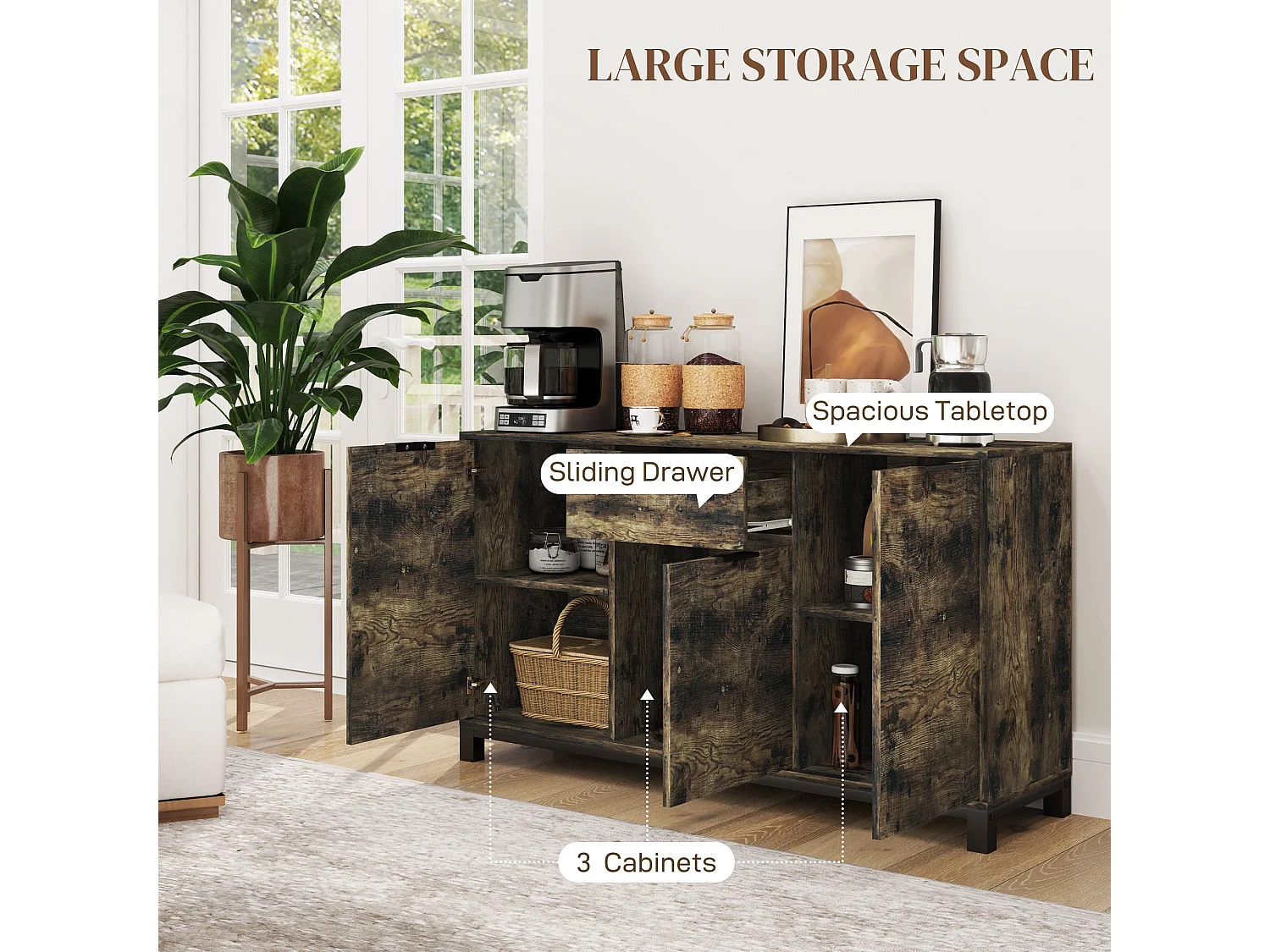 Nomano Rero Rustic Brown Industrial Sideboard 3 Doors 1 Drawer Adjustable Shelves