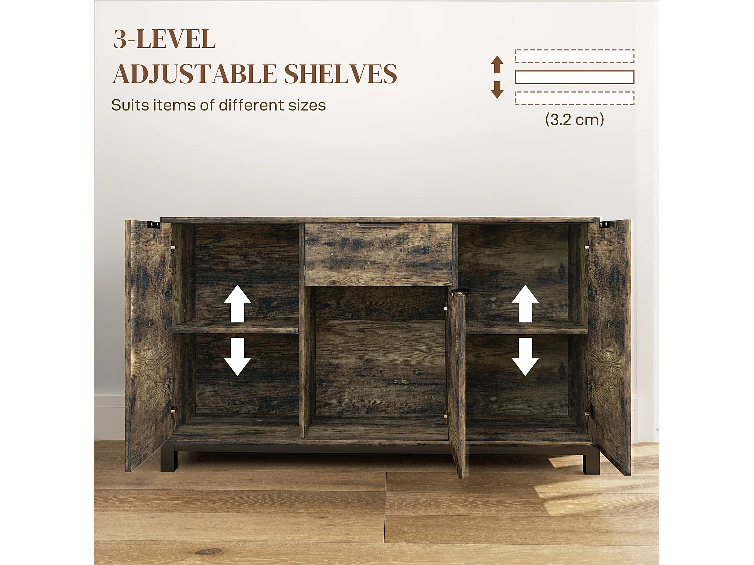 Nomano Rero Rustic Brown Industrial Sideboard 3 Doors 1 Drawer Adjustable Shelves