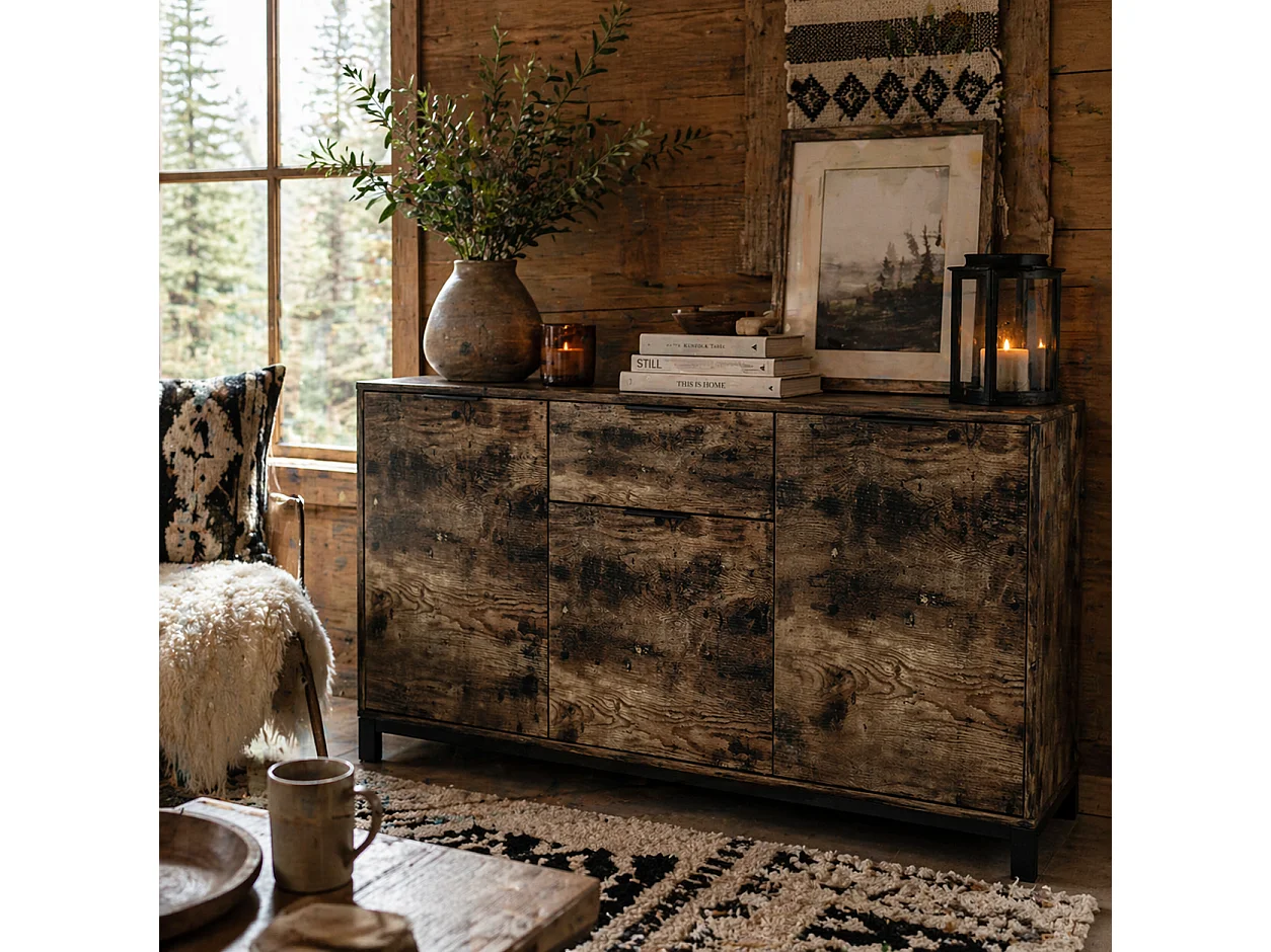 Nomano Rero Rustic Brown Industrial Sideboard 3 Doors 1 Drawer Adjustable Shelves