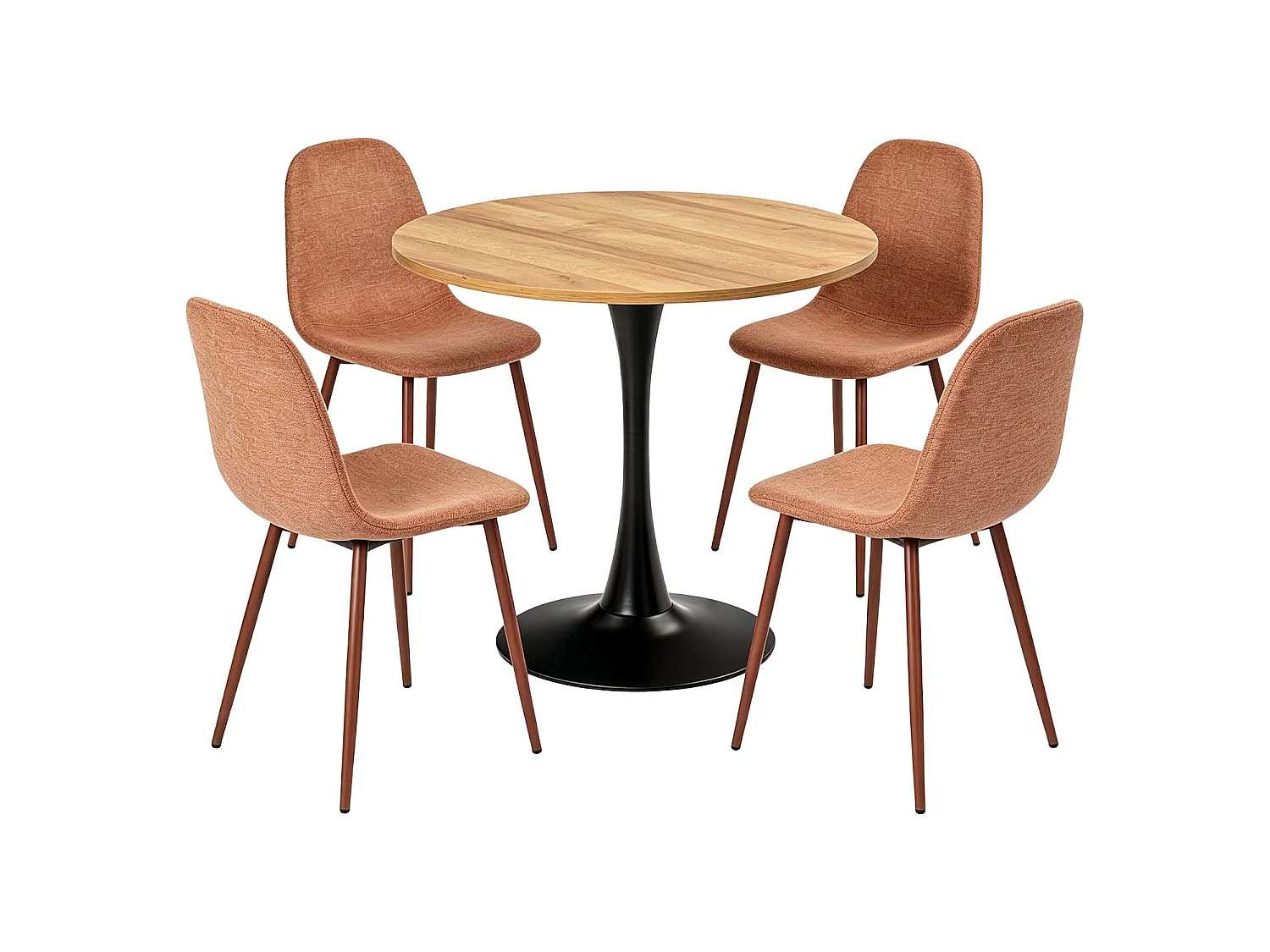 CLIFTOCHARLTON - Table à manger ronde de 80 cm en imitation chêne et pieds métal noirs avec 4 chaises en tissu brique