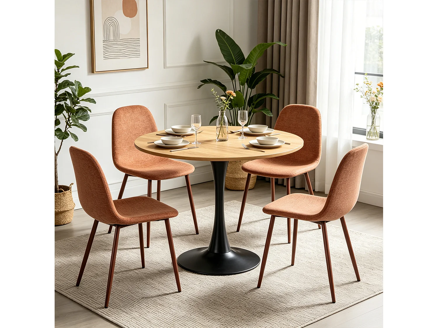 CLIFTOCHARLTON - Table à manger ronde de 80 cm en imitation chêne et pieds métal noirs avec 4 chaises en tissu brique