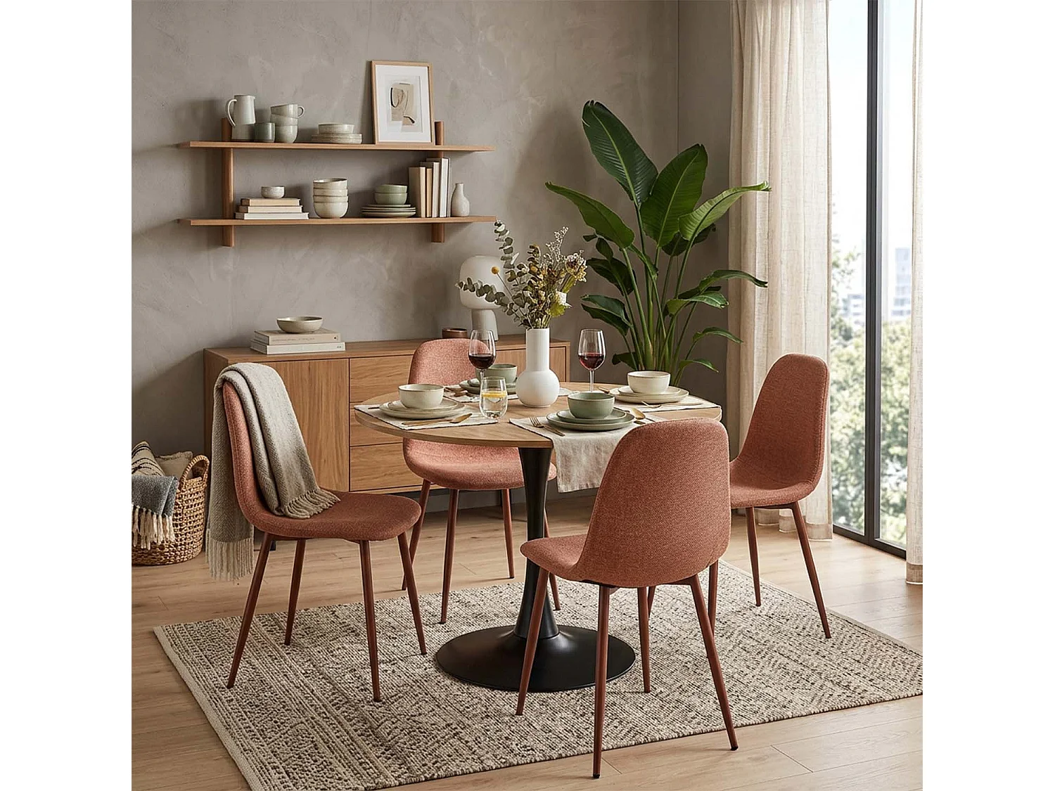 CLIFTOCHARLTON - Table à manger ronde de 80 cm en imitation chêne et pieds métal noirs avec 4 chaises en tissu brique