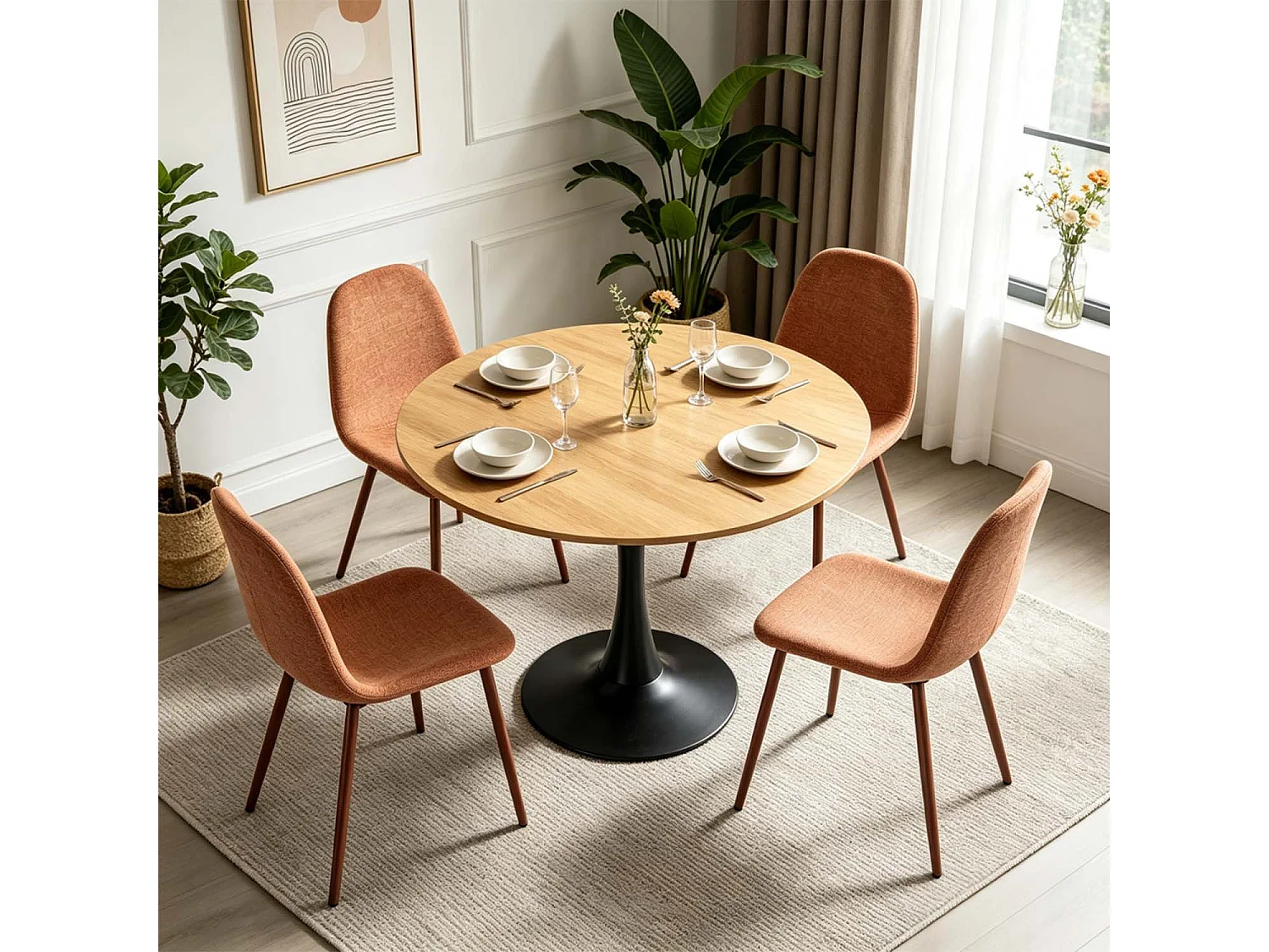CLIFTOCHARLTON - Table à manger ronde de 80 cm en imitation chêne et pieds métal noirs avec 4 chaises en tissu brique