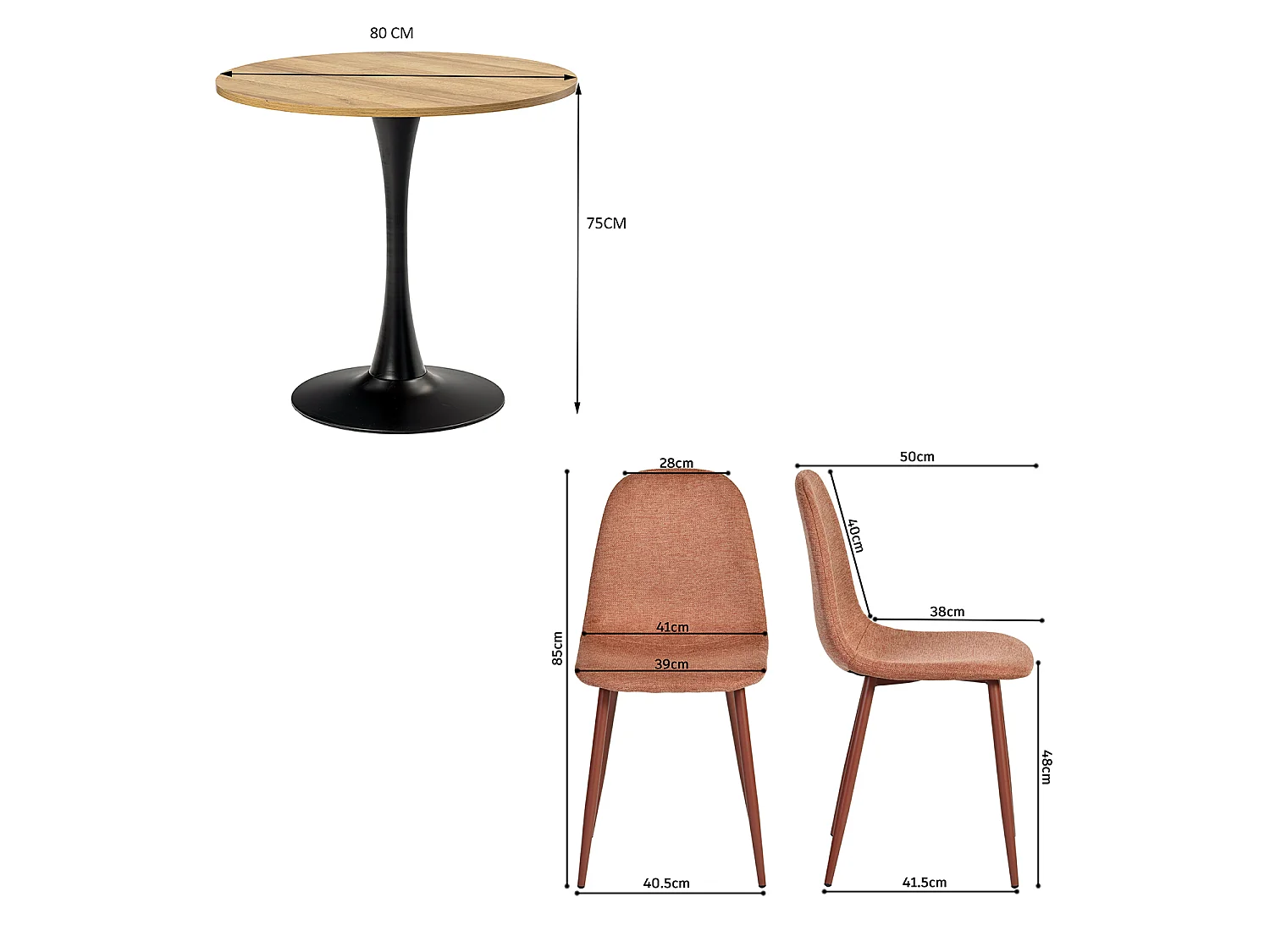 CLIFTOCHARLTON - Table à manger ronde de 80 cm en imitation chêne et pieds métal noirs avec 4 chaises en tissu brique