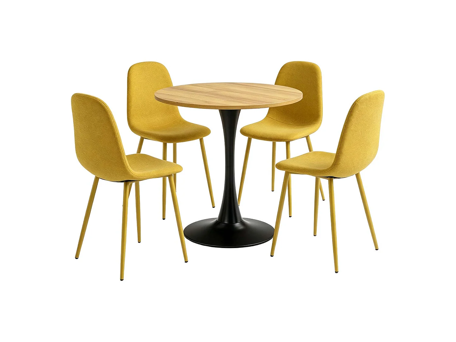 CLIFTOCHARLTON - Table à manger ronde de 80 cm en imitation chêne et pieds métal noirs avec 4 chaises en tissu jaune