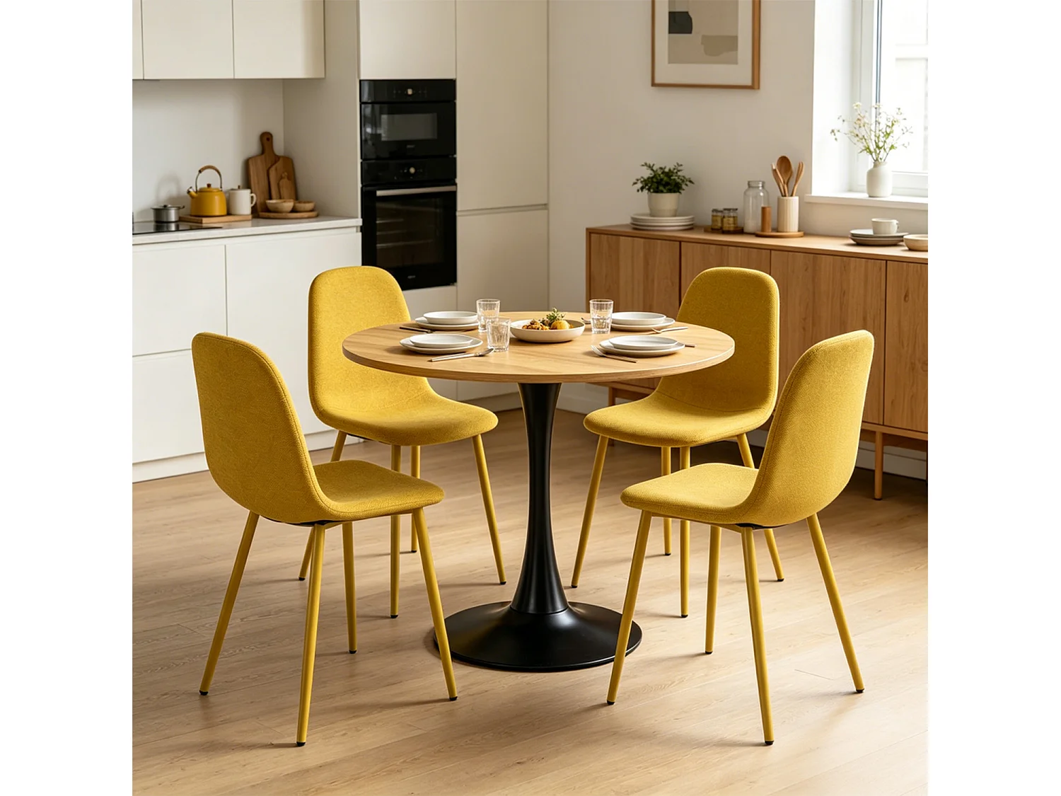 CLIFTOCHARLTON - Table à manger ronde de 80 cm en imitation chêne et pieds métal noirs avec 4 chaises en tissu jaune