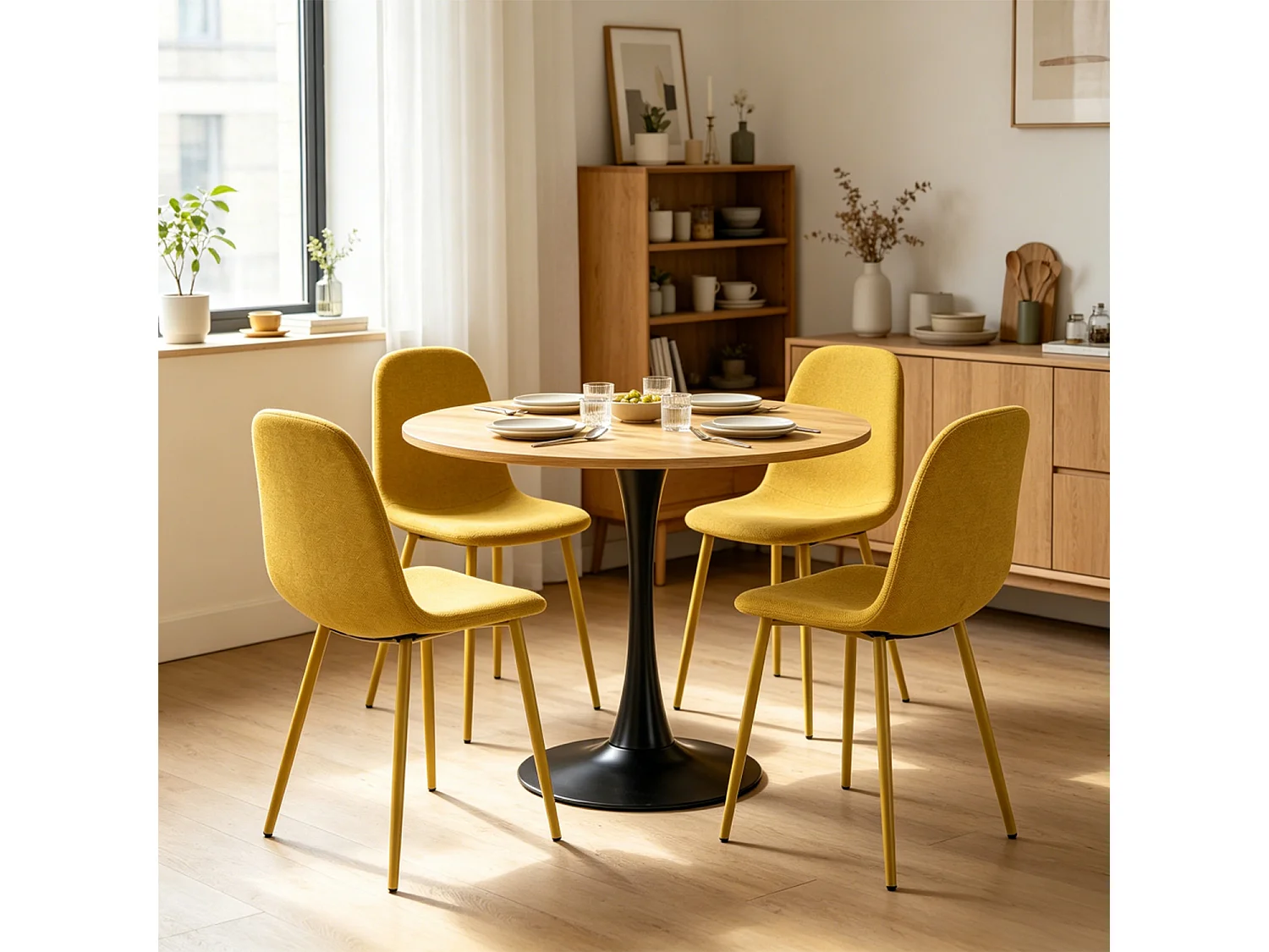 CLIFTOCHARLTON - Table à manger ronde de 80 cm en imitation chêne et pieds métal noirs avec 4 chaises en tissu jaune