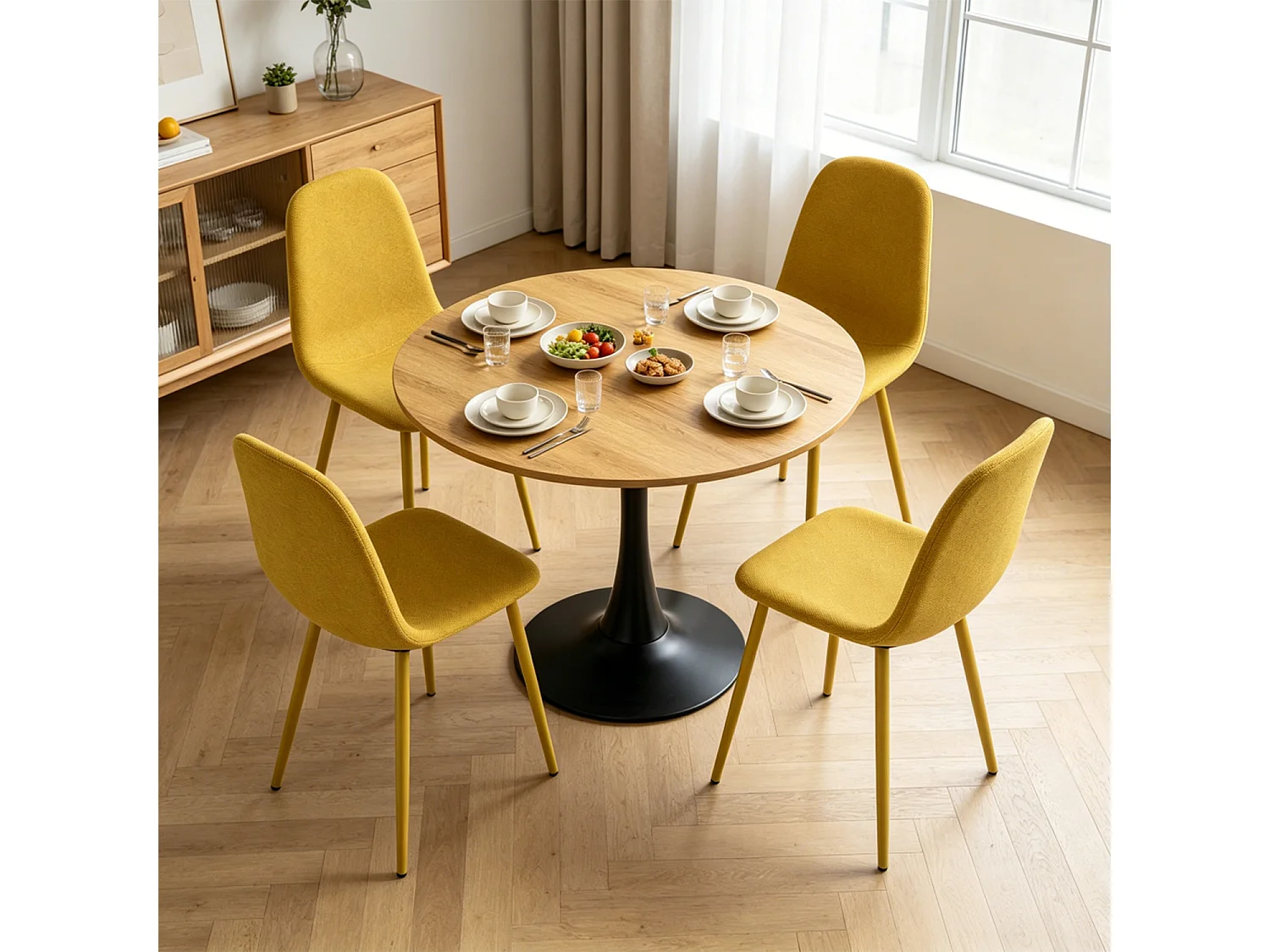 CLIFTOCHARLTON - Table à manger ronde de 80 cm en imitation chêne et pieds métal noirs avec 4 chaises en tissu jaune
