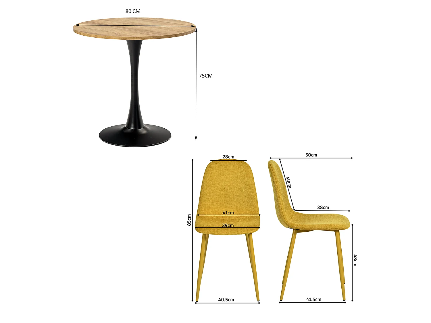 CLIFTOCHARLTON - Table à manger ronde de 80 cm en imitation chêne et pieds métal noirs avec 4 chaises en tissu jaune