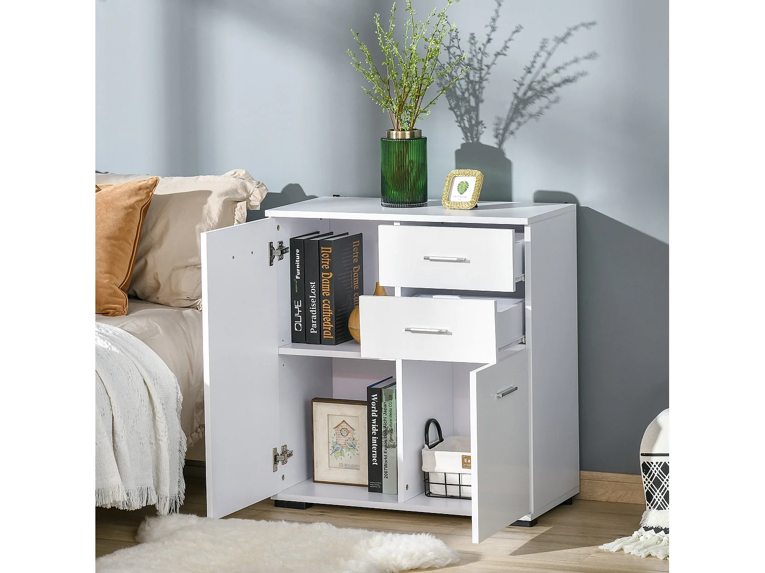 Lodino High Gloss White Sideboard 2 Drawers 2 Doors Adjustable Shelves