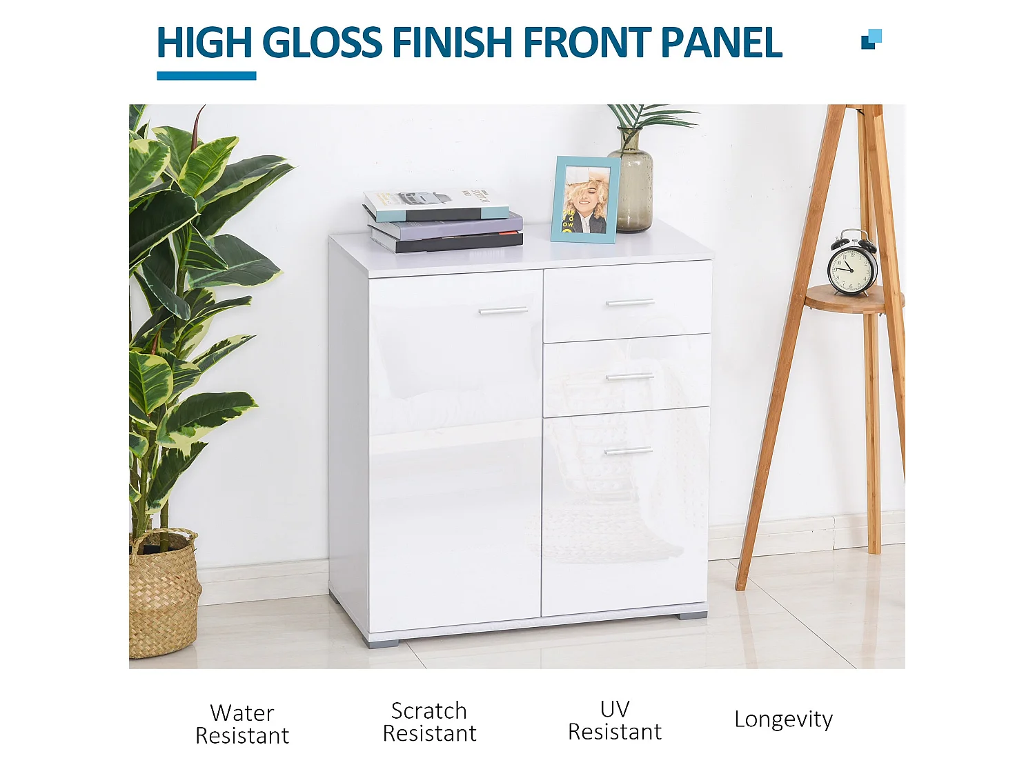 Lodino High Gloss White Sideboard 2 Drawers 2 Doors Adjustable Shelves
