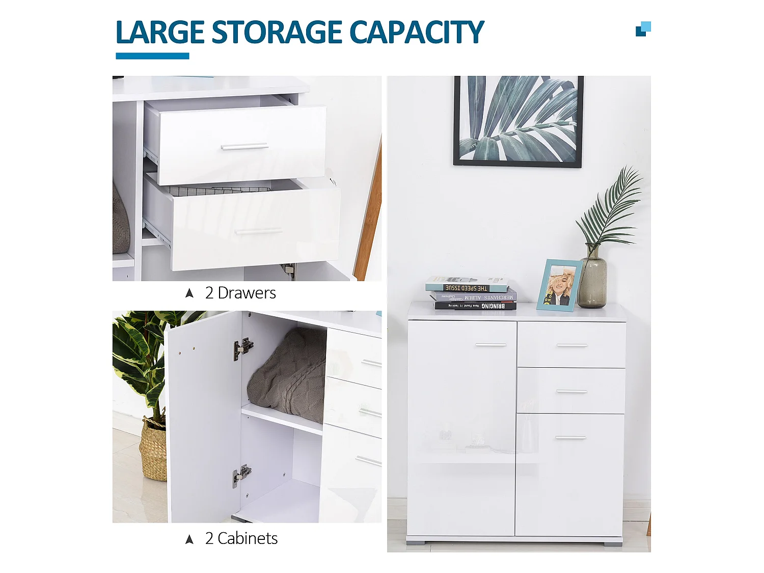 Lodino High Gloss White Sideboard 2 Drawers 2 Doors Adjustable Shelves
