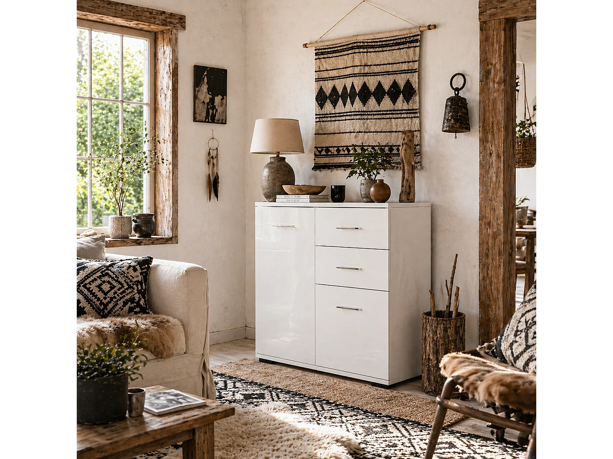 Lodino High Gloss White Sideboard 2 Drawers 2 Doors Adjustable Shelves