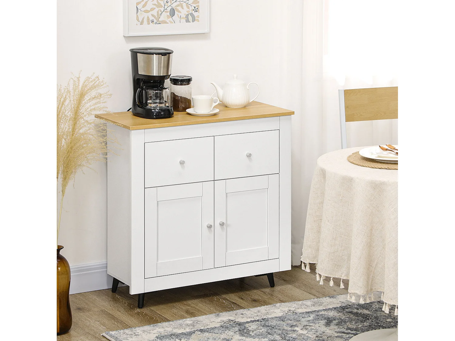 Dielro Farmhouse Sideboard White with Natural Wood Effect Top 2 Doors and 2 Drawers