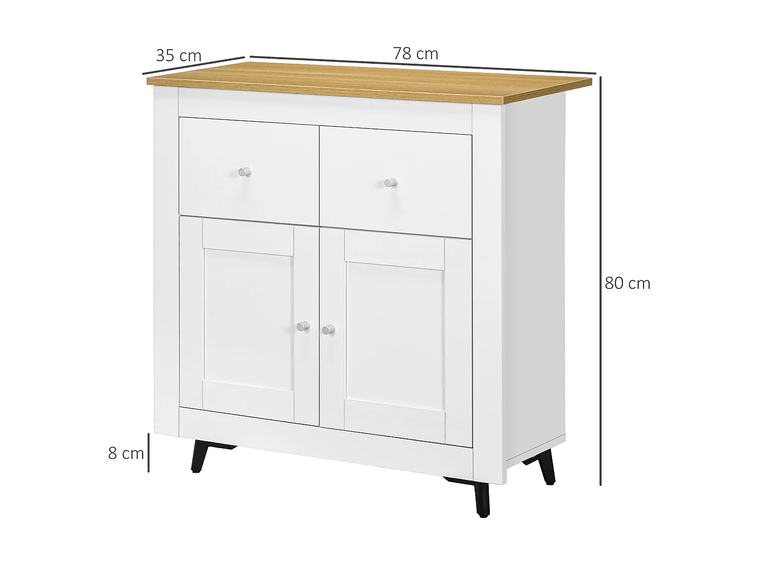 Dielro Farmhouse Sideboard White with Natural Wood Effect Top 2 Doors and 2 Drawers